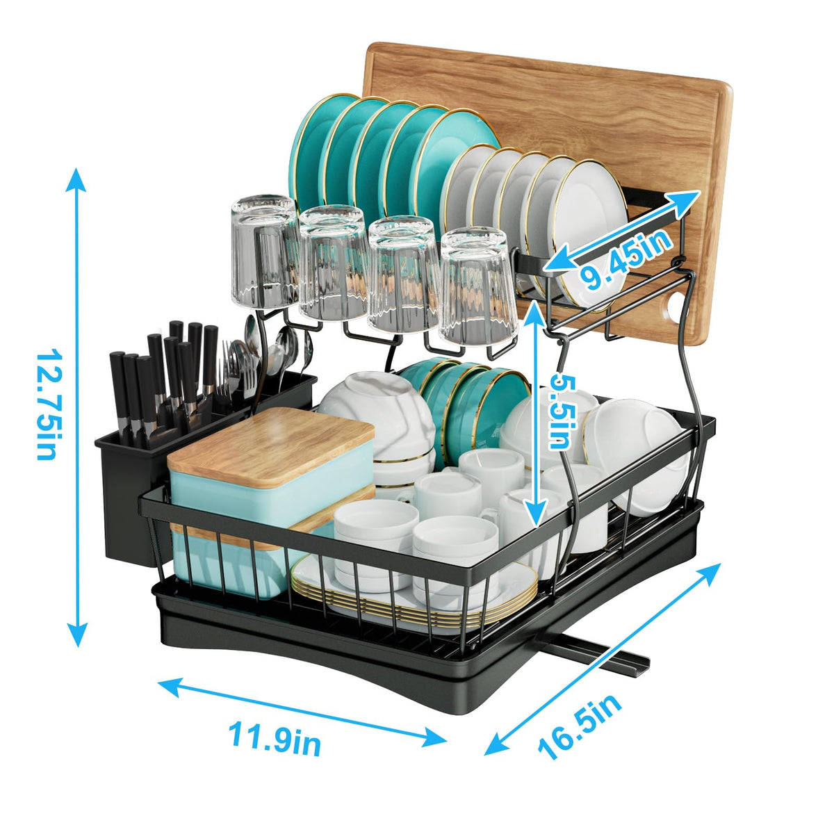 7 code 2-Tier Large Dish Drying Rack for Kitchen Counter, Black
