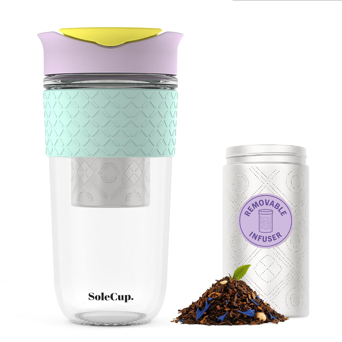 SoleCup. Large Travel Mug Loose Tea Infuser - Detachable Tea Strainer with Spill Proof Lid - 18oz/530ml BPA-Free Reusable Glass Travel Coffee Cup with Silicone Band (Ice Cream, 18oz)