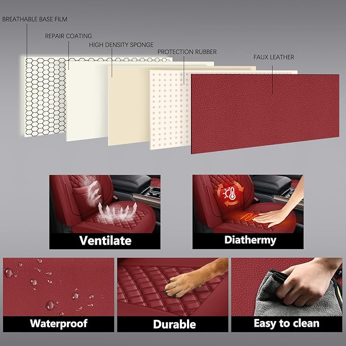 Car Seat Covers Front Pair,Universal Fit for Cars,SUVs,Trucks,and Sedans,Faux Leather Car Seat Cushion Compatible with Airbags,Waterproof Car Seat Protector,Wine Red
