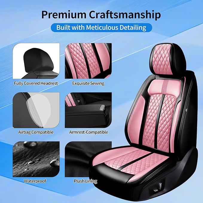Fit HR-V Car Seat Covers for Honda HRV 2016-2025 2026 LX/EX/EXL/Sport - Full Coverage Leather, Airbag Compatible, Breathable Waterproof All Weather Seat Protector, Front Pair Black+Pink