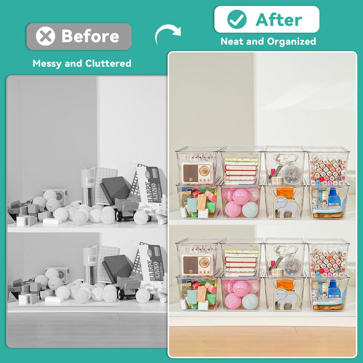 6 Pack Small Clear Storage Bins with Lids, Plastic Arts and Craft Storage Containers, Stackable Clear Plastic Craft Storage Bins with Handles for Classroom Storage Organization,Kitchen, Fridge, Office
