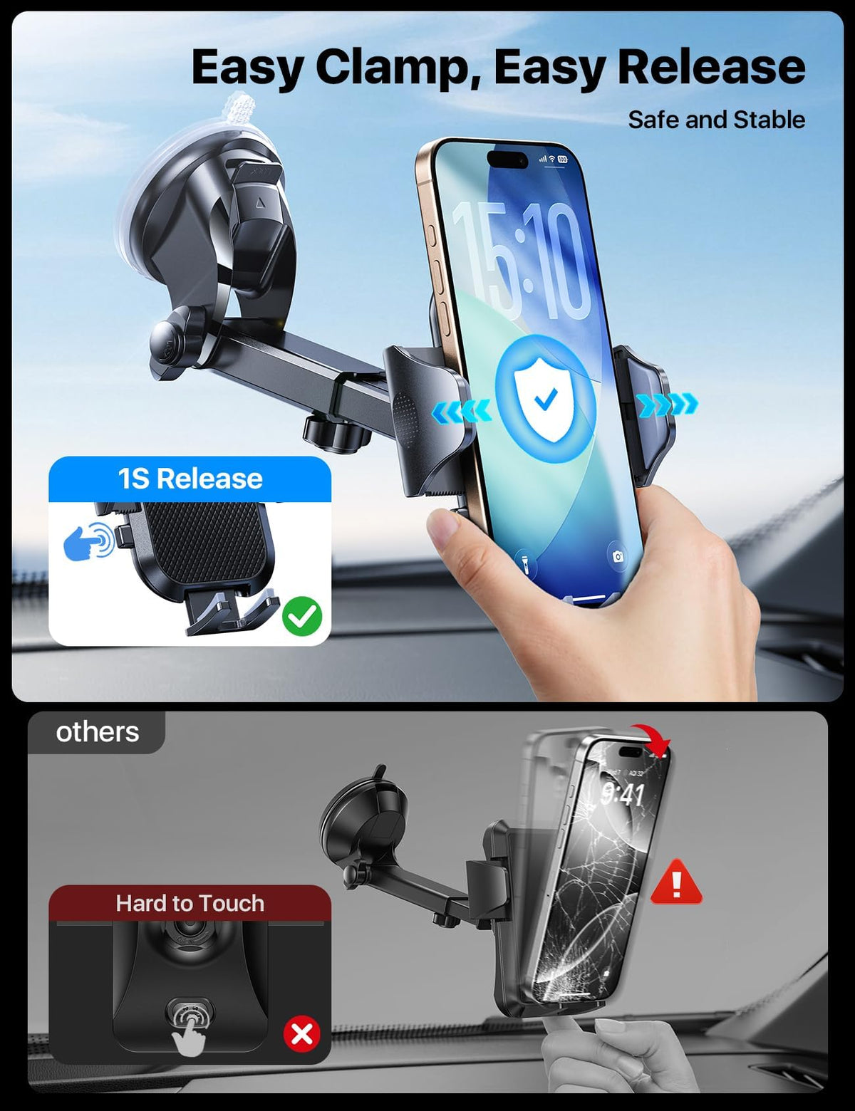 andobil Military-Grade Phone Holders for Your Car 【89+ LBS Strongest Suction & Metal Clip】 2026 Ultimate Car Phone Holder, Dashboard Windshield Vent Cell Phone Car Mount for iPhone Sumsung Android