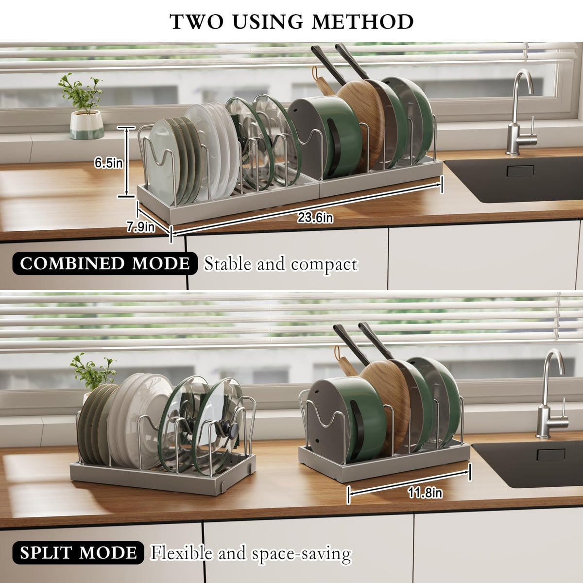 CICUFY 2 Pack Pots and Pans Organizer Under Cabinet, 23" Pot Lid Holder Rack Inside Cabinet with 10 Adjustable Dividers, Pan Lid Organizer with Guardrail For Kitchen Countertop, Gray