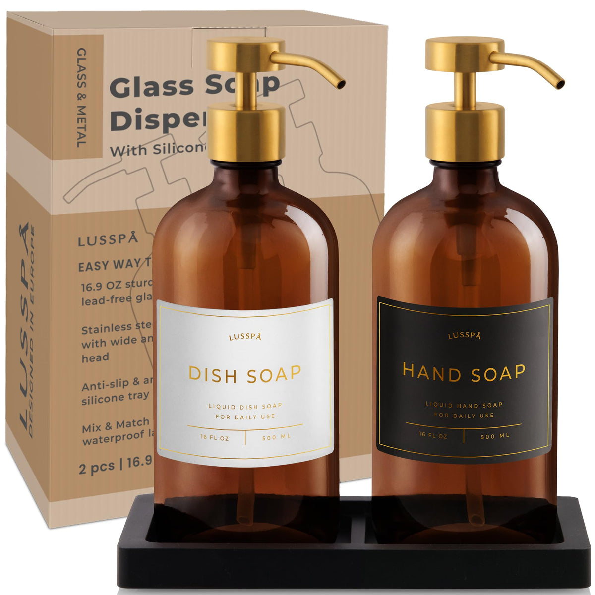 Glass Soap Dispenser Set of 2 (Amber) with Silicone Tray | Hand and Dish Soap Dispenser for Kitchen and Bathroom | 16.8 Oz Glass Bottles with Stainless Steel Pump & 15 Waterproof Labels (Amber/Gold)