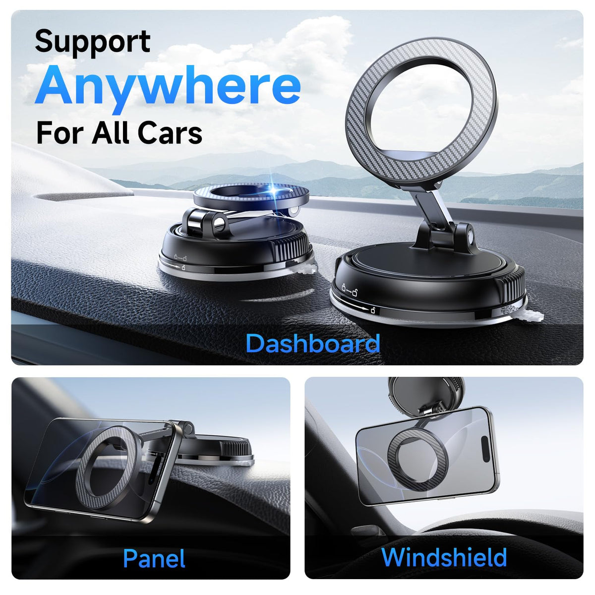 Compact Foldable Car Phone Holder for Magsafe [78+LBS Strongest Suction & 2400gf Strongest Magnetic] 360° Adjustable Car Phone Mount, Phone Holders for Your Car for iPhone 18-12 Pro Max (Carbon Fiber)