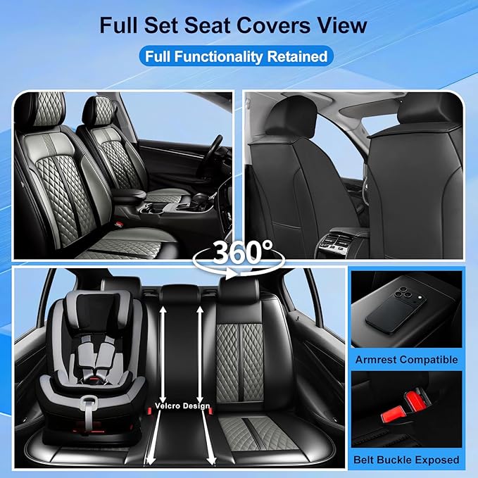 Fit Civic Car Seat Covers for Honda Civic 2020-2026 Sedan(Not for Coupe) - Premium Full Coverage Leather, Waterproof All Weather Breathable Seat Cushion Protector, Full Set, Black+Gray