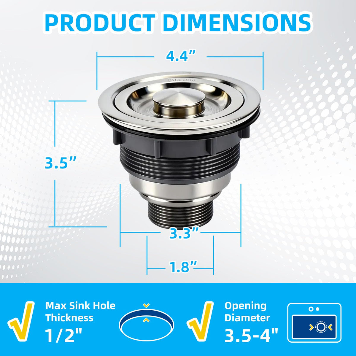 Kitchen Sink Drain Assembly, Stainless Steel Removable Deep Sink Strainer Basket, 3-1/2 Inch Sink Drain Stopper Plug, Sealing Lid