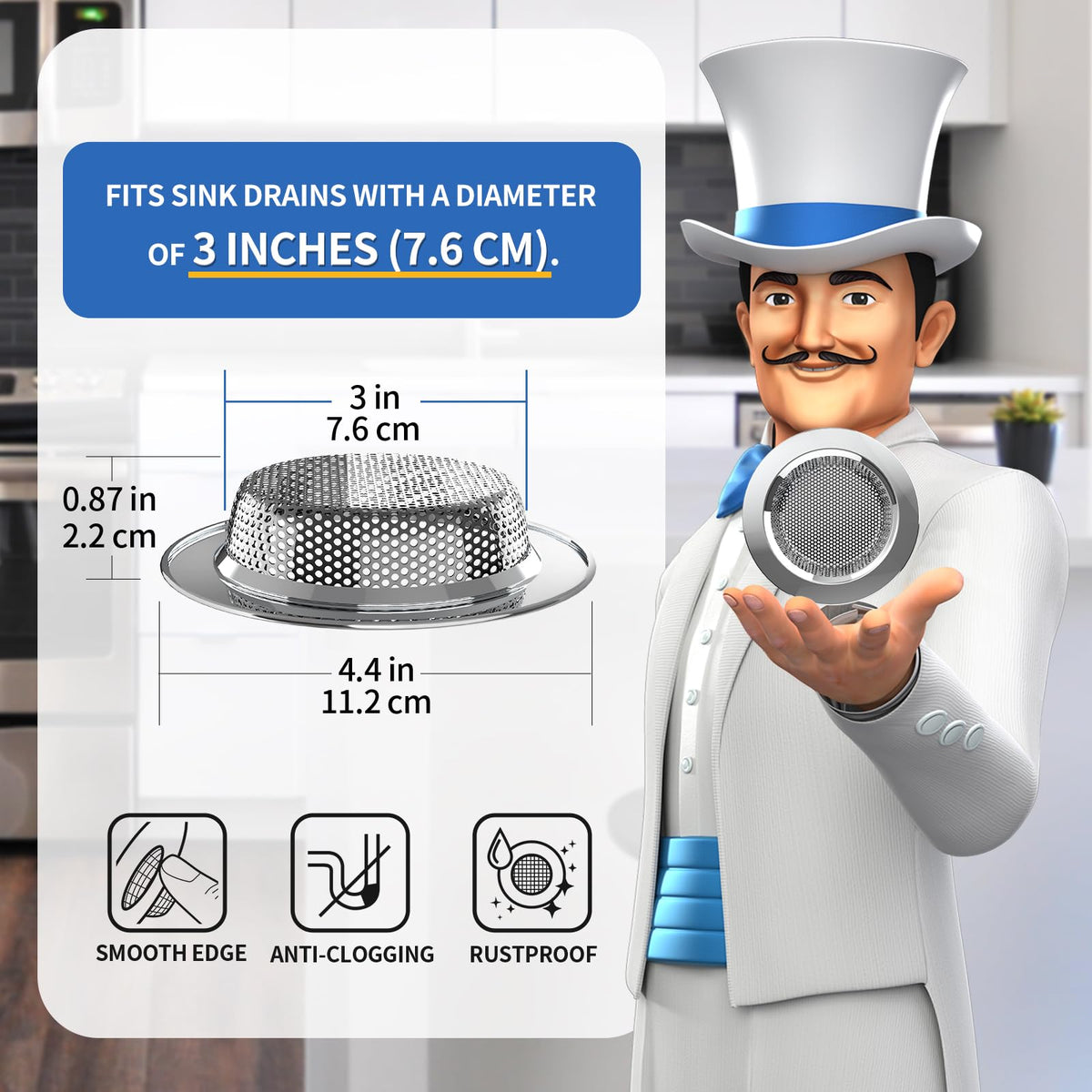 MR.SIGA Kitchen Sink Strainer, Stainless Steel Sink Drain Strainer, 3 Pack