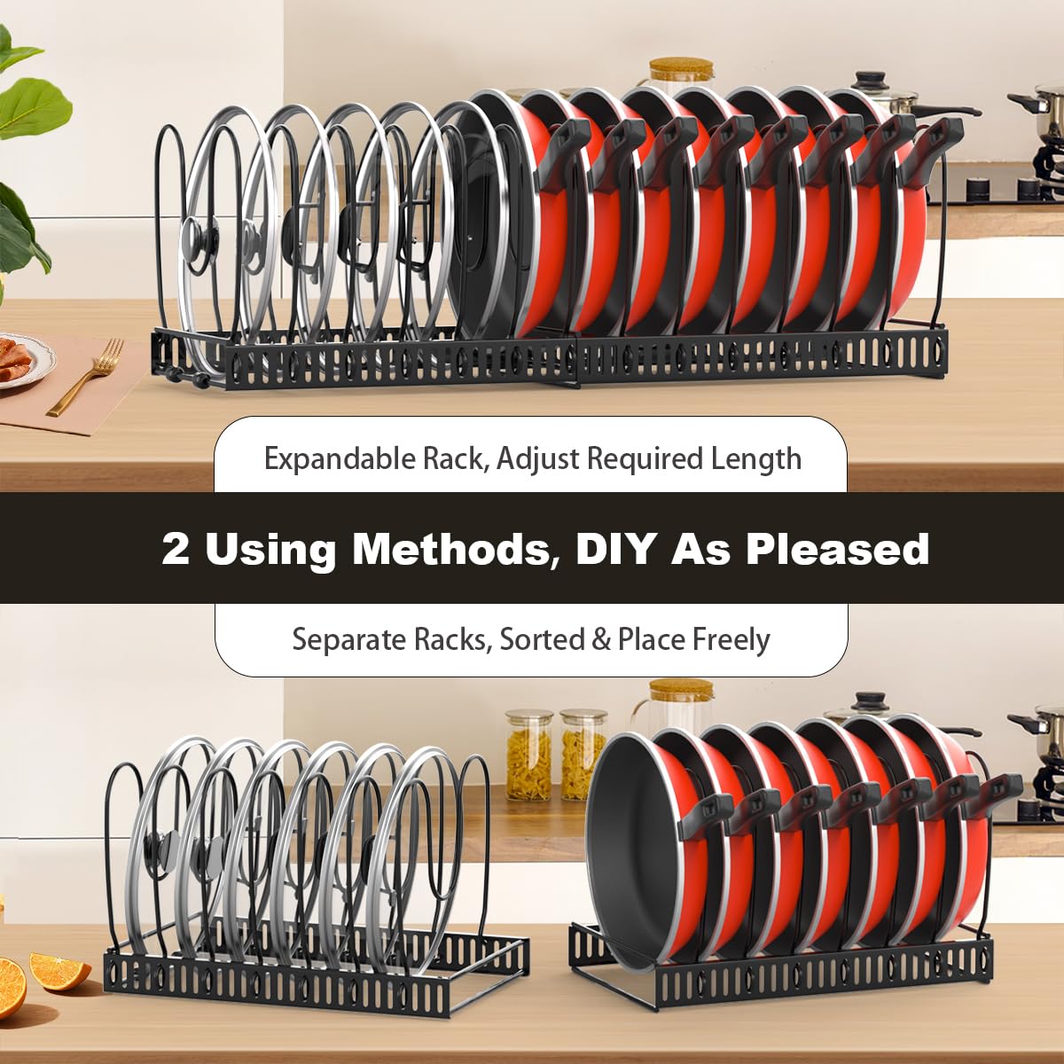 Housolution Pot and Pan Lid Organizer Holder Storage Rack, Black