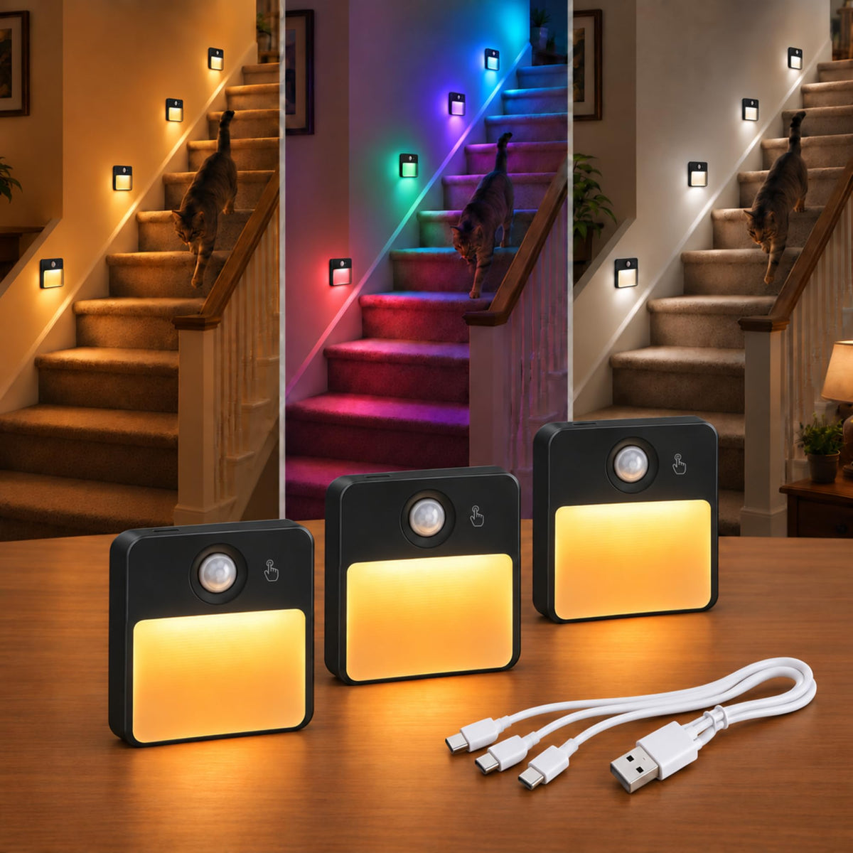 Guankai 3 Pack Motion Sensor Stair Light for Indoor, Rechargeable Battery Operated Night Lights, RGBW Stick On Closet Lamp, Motion Activated Magnetic Lighting Lamps for Step, Cabinet,Hallway,Bathroom