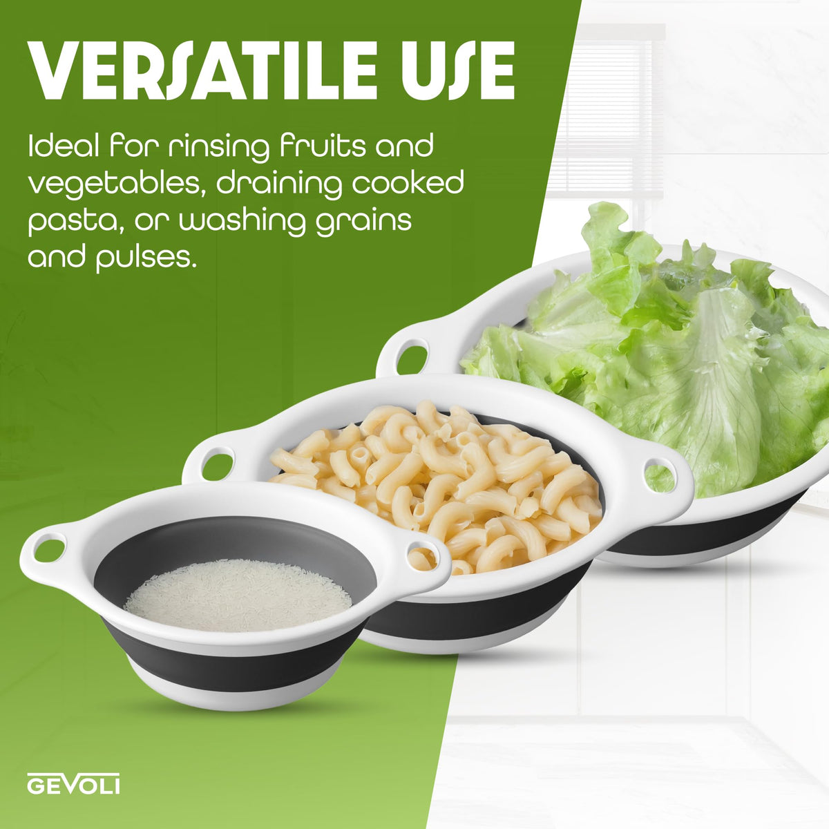 Gevoli Collapsible Colanders (3 Pack Set) Food Strainers with Over-Sink Water Draining Base for Pasta Fruits and Vegetables (Patent Pending) White (3 Sizes, 3QT, 4QT and 5 Quart)