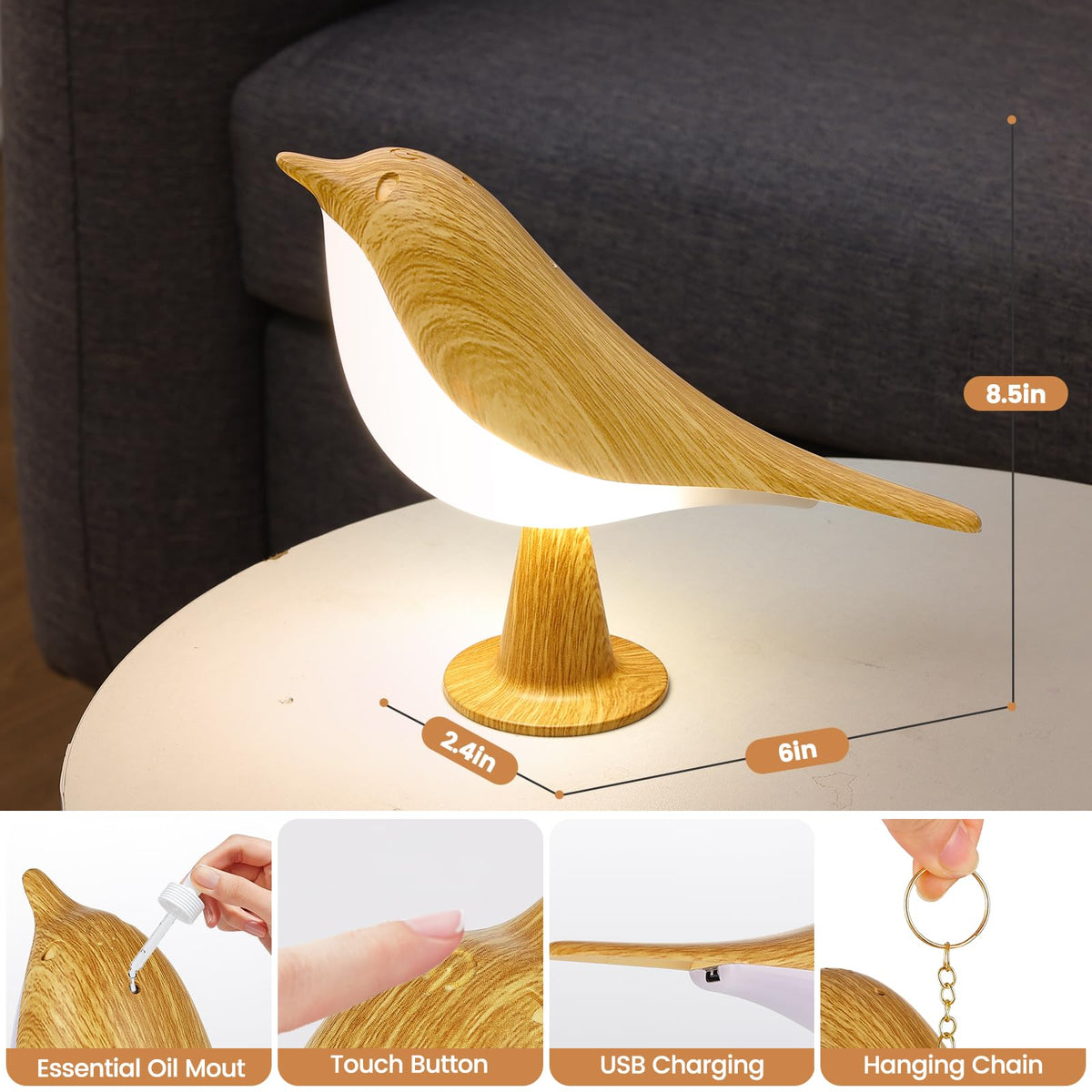 Haotao Small Cute Bird Table Lamp, Touch Night Light, Cordless Bedside Lamps, Desk Lamp, 3-Way Dimmable USB Rechargeable Battery 2600mAh Nightstand Lamps for Bedroom, Bird Decor Gifts
