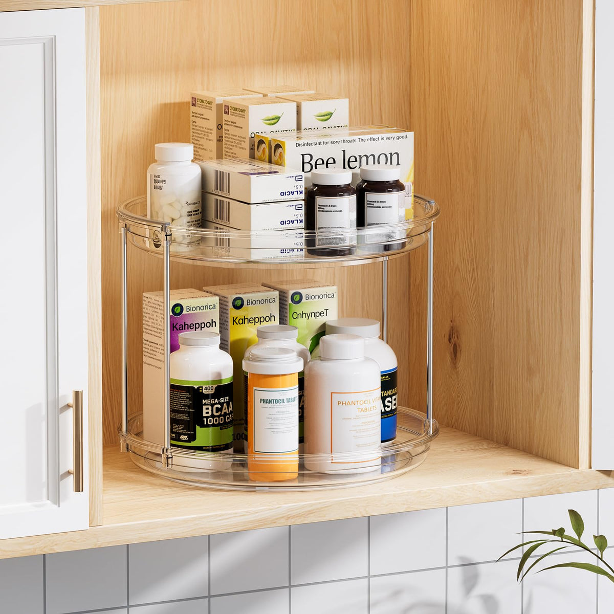 LAMU 2 Tier Lazy Susan Turntable Organizer 9.25'' Rotating Spice Rack Organization for Cabinet, Kitchen, Pantry, Countertop, Bathroom, Vanity, Medicine Cabinet Organizer, Clear
