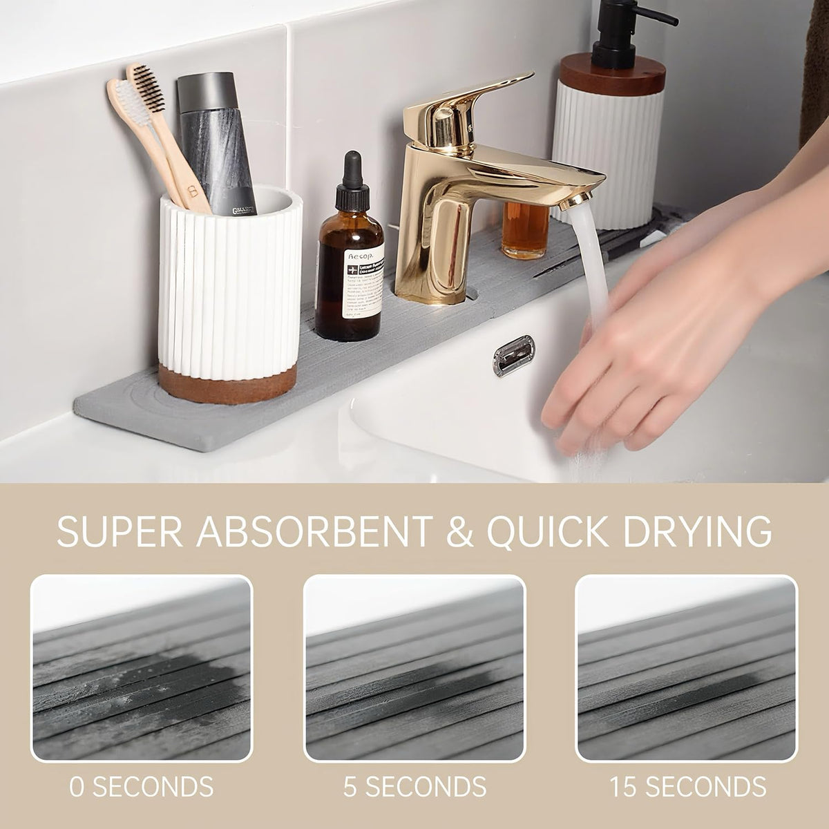 KITHOLD Diatomite Sink Splash Guard – Super Absorbent Kitchen & Bath Mat, Quick-Dry Non-Slip Drying Tray, Fits Most Faucets, Pet Bowl Mat, Vase Holder (Premium Gray, 23.6'' x 4'')