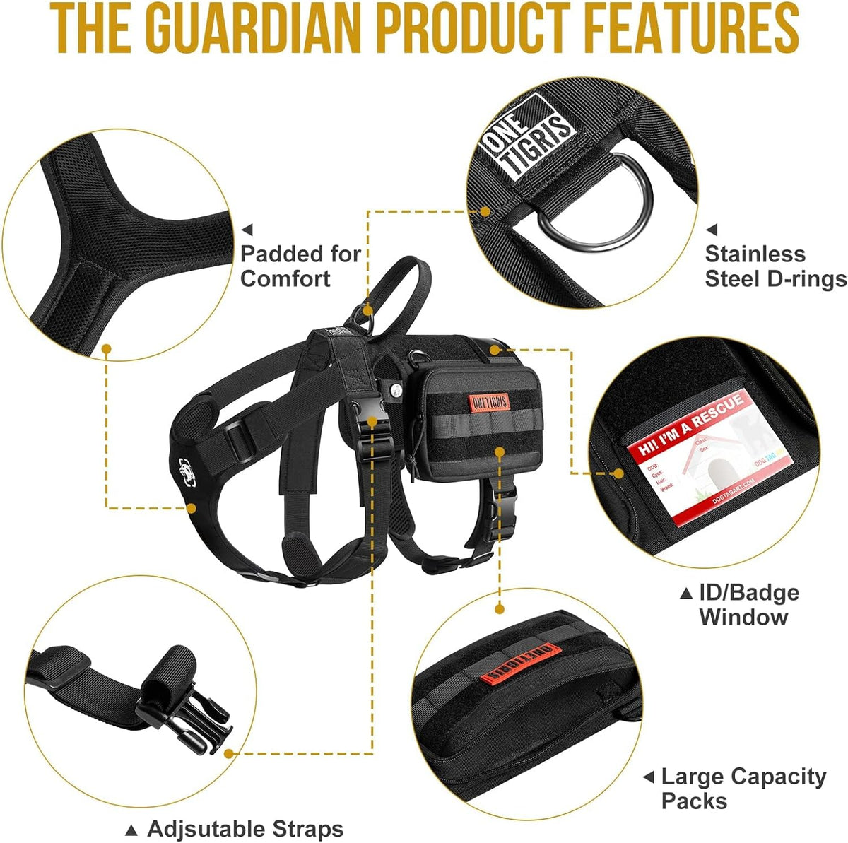 OneTigris Service Dog Vest Harness, Service Dog Cape Guardian Dog Backpack Harness with Pouches Dog Saddle Bag for Small Medium and Large Dogs (Black, Large)