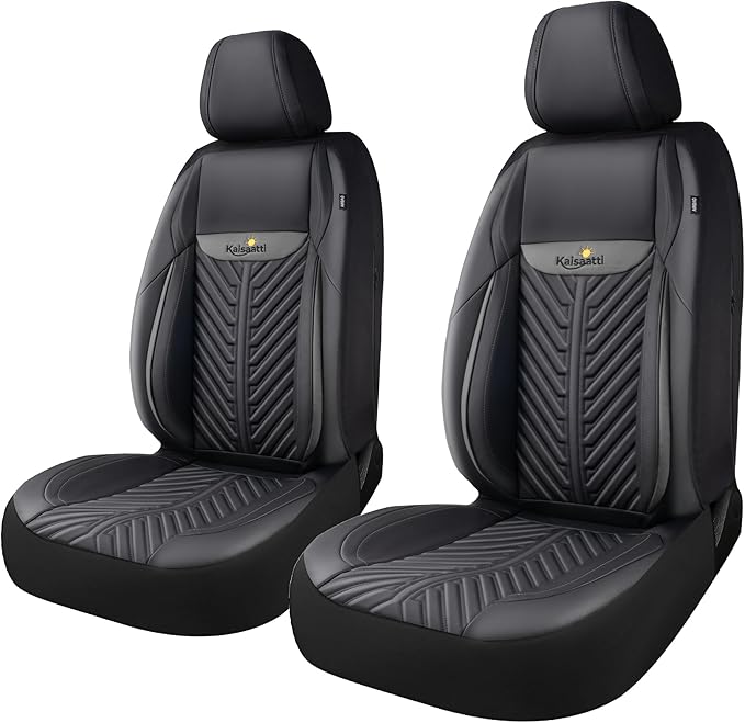 PU Leather Car Seat Covers Front Set – Waterproof seat Cover for Cars，3D Foam Support Automotive seat Covers ，Airbag Compatible, Universal Fit for Cars SUVs Trucks Sedans（Black/Grey）