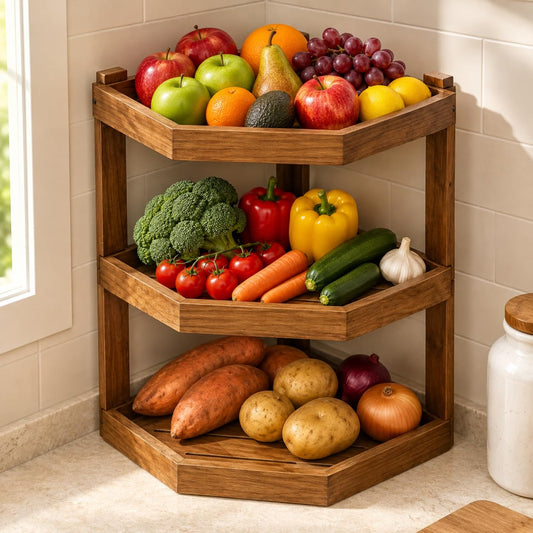 3-Tier Fruit Basket for Kitchen Counter, Corner Wood Stand, Removable Tray