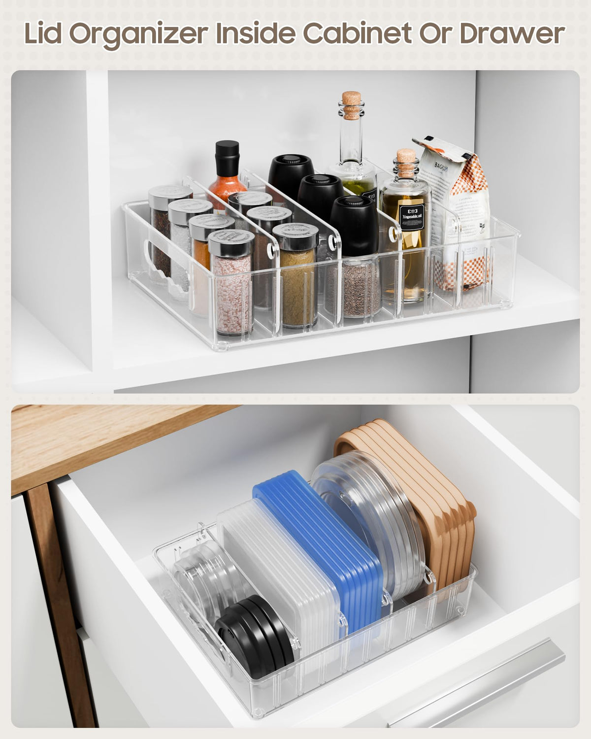 LYNG Lid Organizers Inside Cabinet, Clear Plastic Storage Lid Organizer With 4 Adjustable Dividers, Food Container Lid Organizer For Kitchen Pantry
