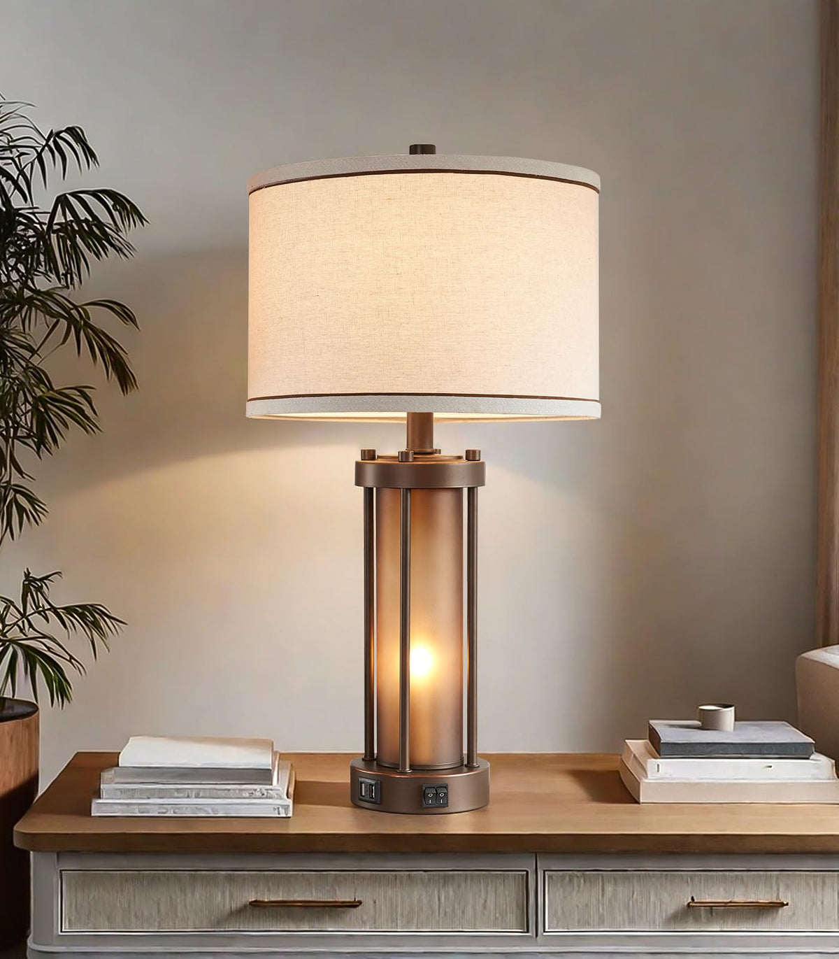 RORIA Farmhouse Table Lamps for Living Room with USB C+A Ports