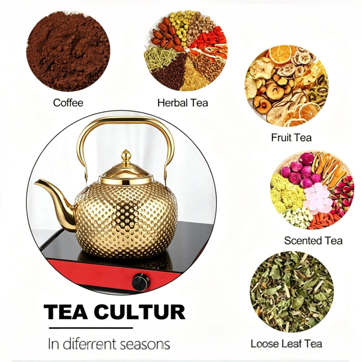 2L/67.6oz Gold Tea Kettle, Hammered Stovetop Teapot with Removable Fine Mesh Infuser, Stainless Steel Rust-proof Vintage Water Boiler for Induction/Gas, Home Office Camping Gift