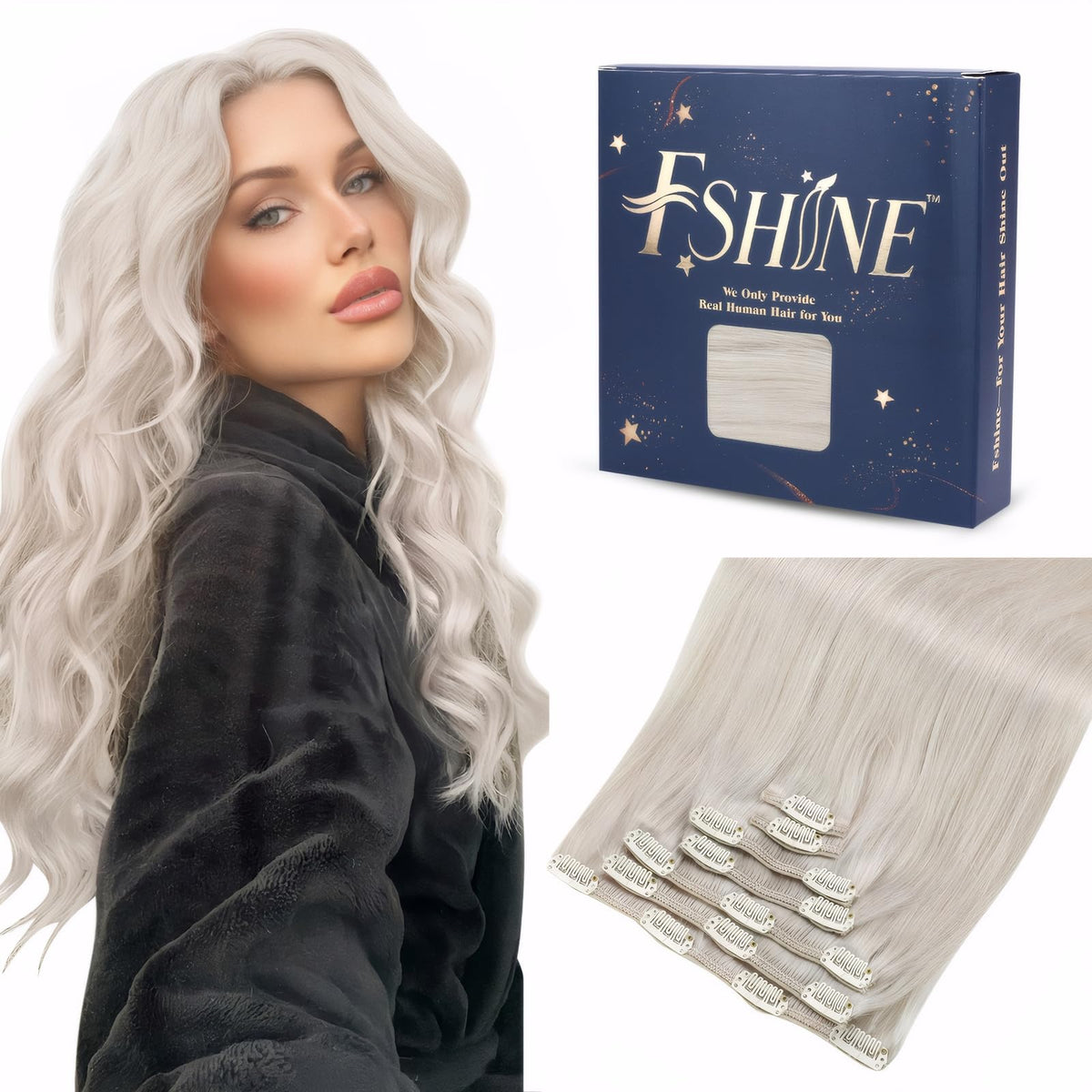 Fshine Clip In Hair Extensions Real Human Hair 24 Inch 120G 7Pcs White Blonde Straight Natural Remy Hair Extensions Clip In Huma