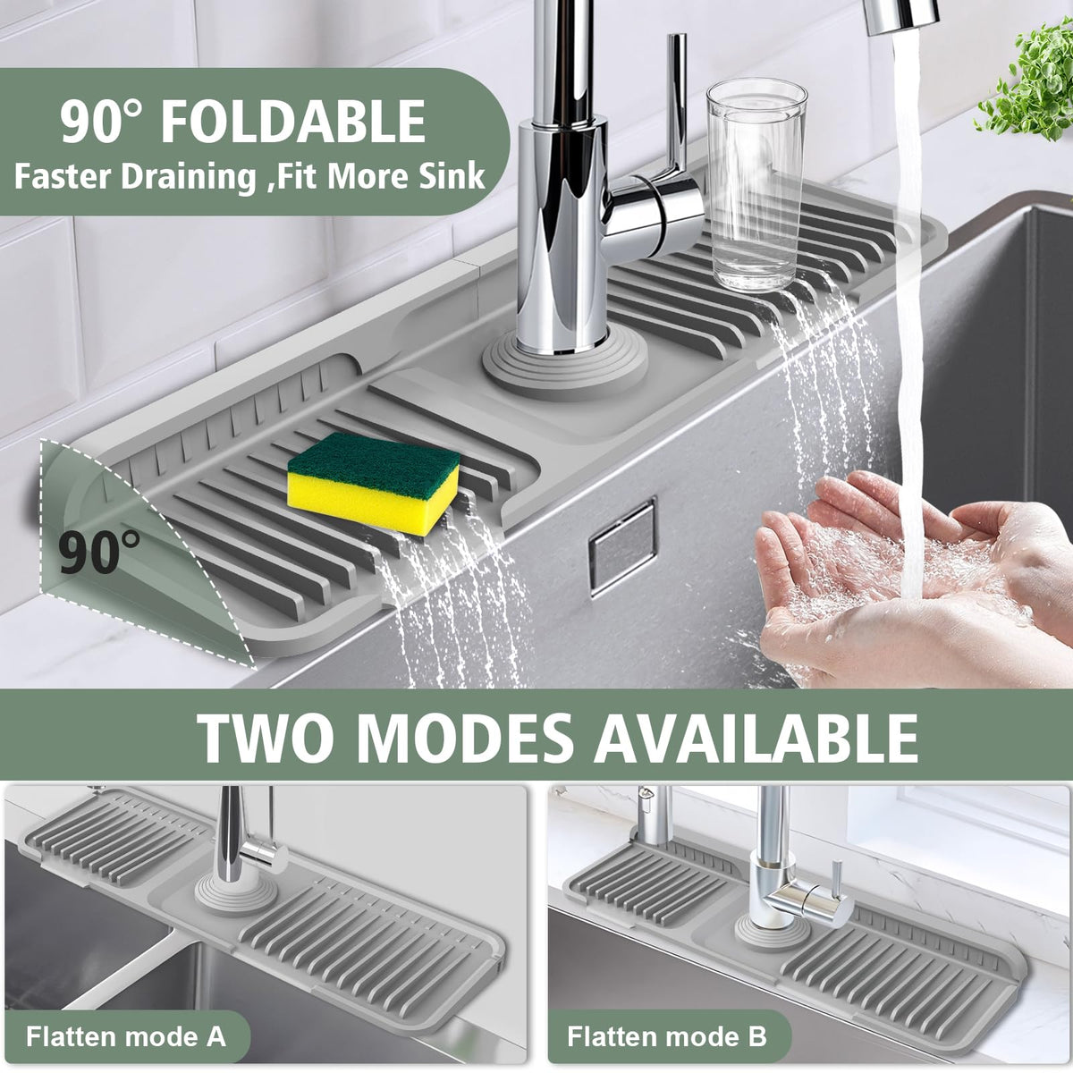 17.7-Inch Kitchen Sink Splash Guard Mat | 7° Slope for Fast Self-Draining | Snap-Lock Design | Universal & Cuttable Silicone Faucet Mat Gray