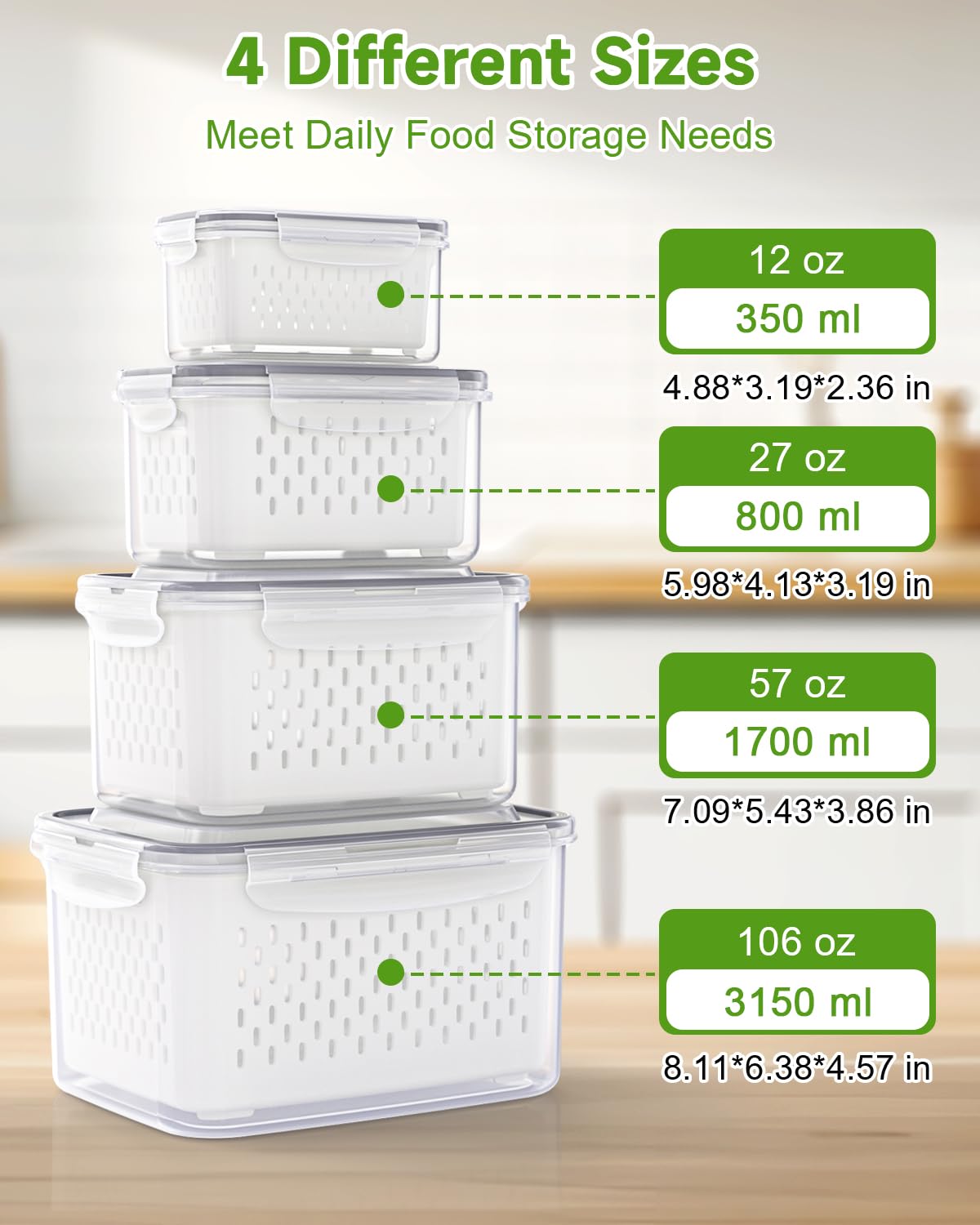 4 Pack Fruit Storage Containers for Fridge Fresh Berry Keeper with Colander