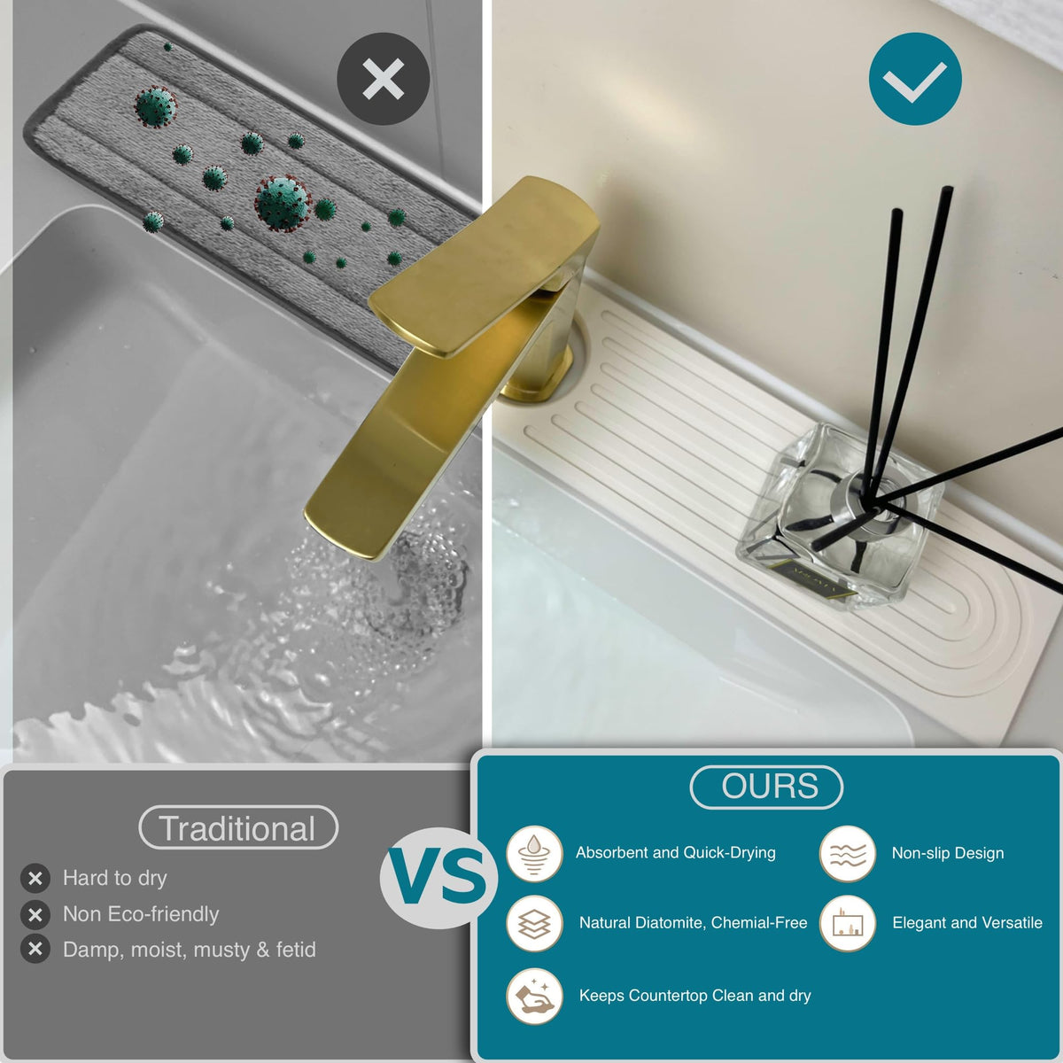 Faucet Mat for Kitchen Sink, Stone Drying Mat for Kitchen Counter, Stone Mat Bathroom, Kitchen Mat, Sink Mat, Water Absorbing Stone Tray for Sink, Bathroom Stone Mat (WHITE, 23.6*4")