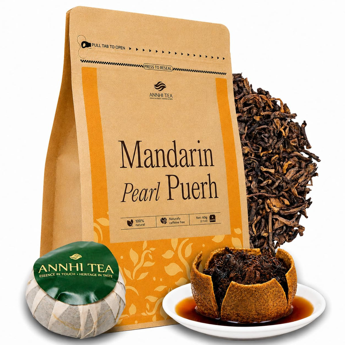 ANNHI TEA Mandarin Pearl Puerh - 6 Whole Dried Citrus Pieces, Premium Fermented Puerh Tea with Mandarin Peel, Smooth, Earthy & Sweet Aroma, Natural Vietnamese Detox Tea Pack