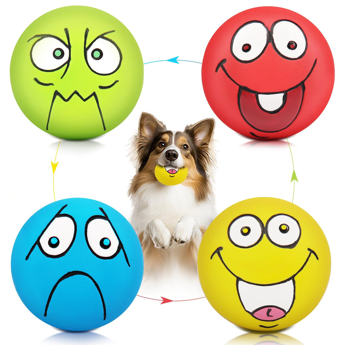 HDSX 4 Pack 2.8" Smiley Face Squeaky Dog Toys Soft Dog Balls Latex Rubber Squeak Dog Toys for Small Medium Puppy Pet Dogs (Flat Ball)