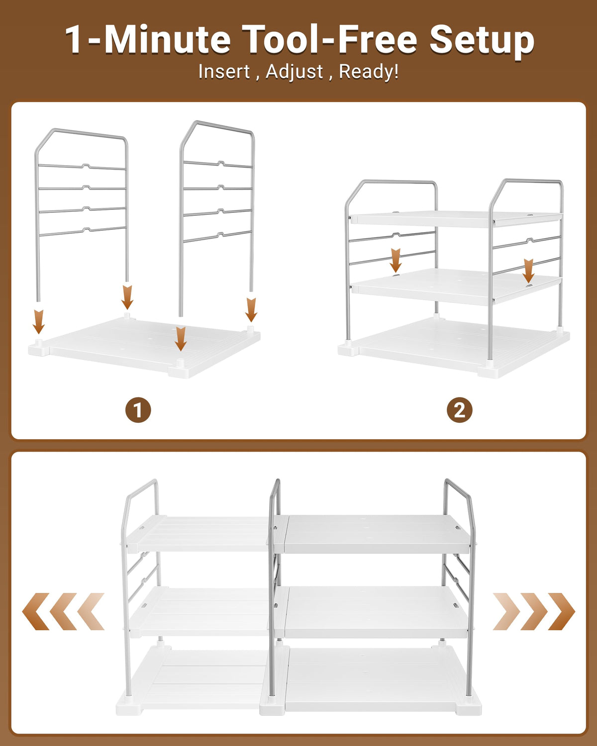 EVERIE Extendable 3-Tier Kitchen Cabinet & Pantry Organizer for Plastic Wrap, Foil & Storage Bags, Adjustable Heavy Duty Shelf Rack for Wrap Boxes, Jars & Snack Boxes (11–16.7 in Wide), Pack of 1