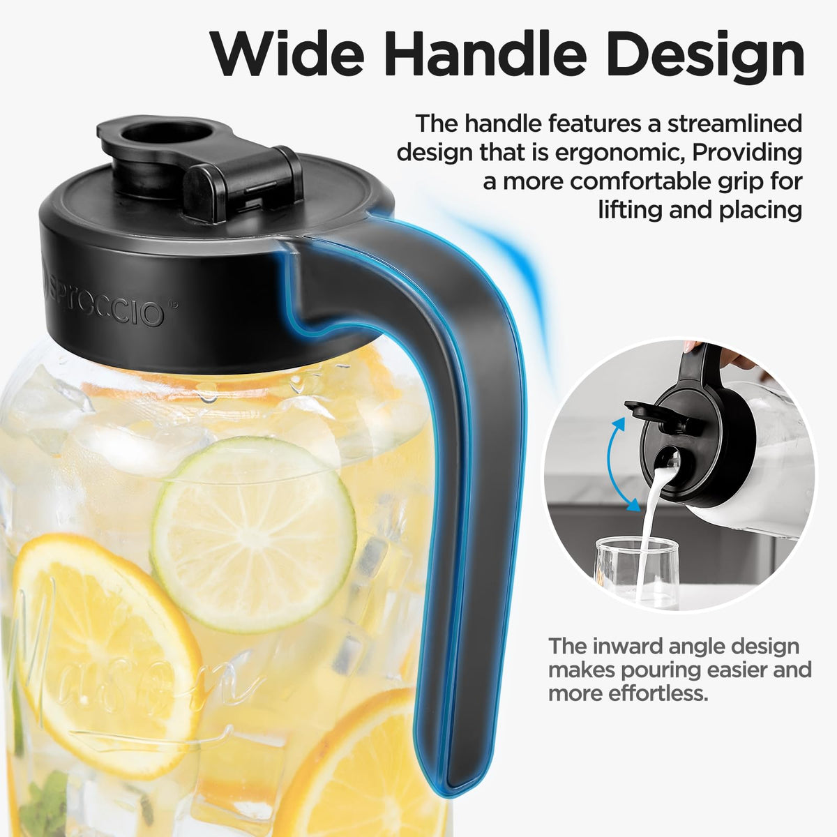 Spreccio Mason Jar Pitcher, 64 oz (2 quart), Glass Pitcher with Lid