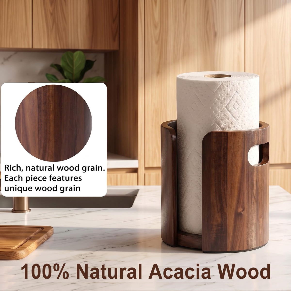 Acacia Wood Paper Towel Holder for Countertop with Splash Guard & Handles