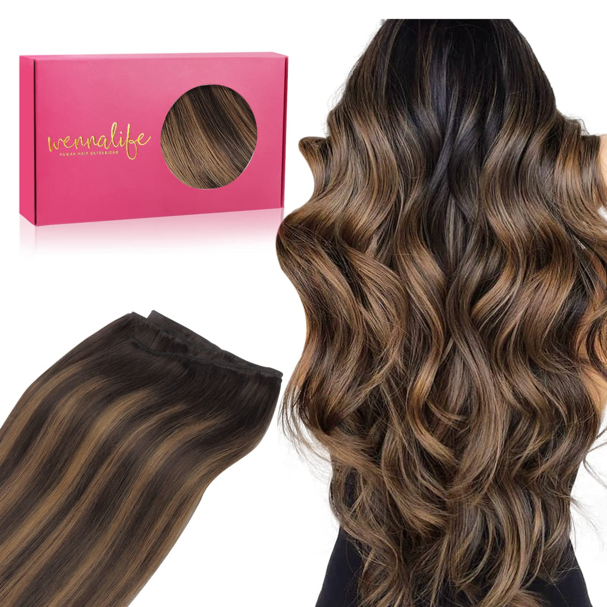 Wennalife Sew In Hair Extensions Real Human Hair, 14 Inch 80G Balayage Dark Brown To Chestnut Brown Machine Weft Hair Extensions