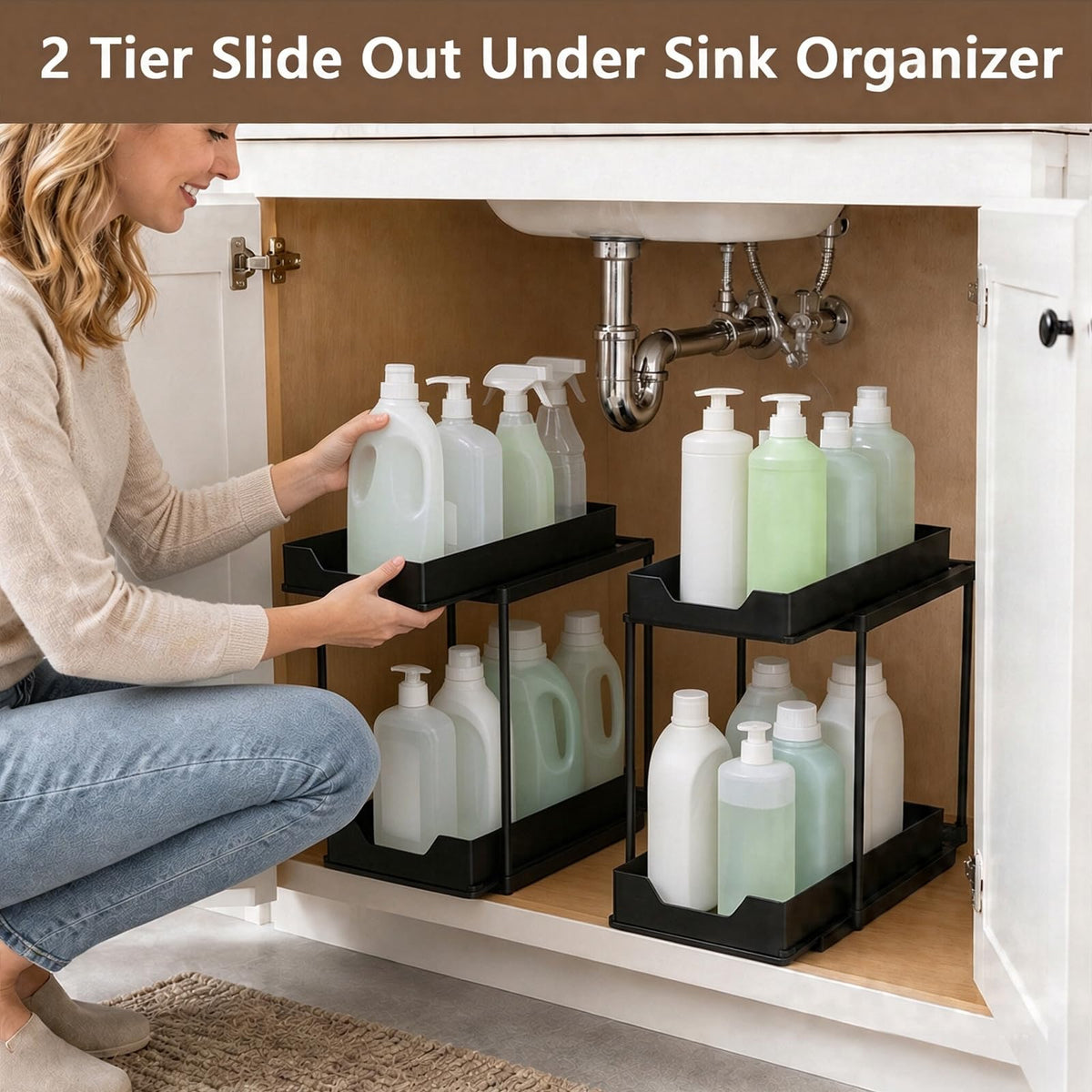 Under Sink Organizer for Bathroom & Kitchen, Large Capacity 2-Layer Sliding