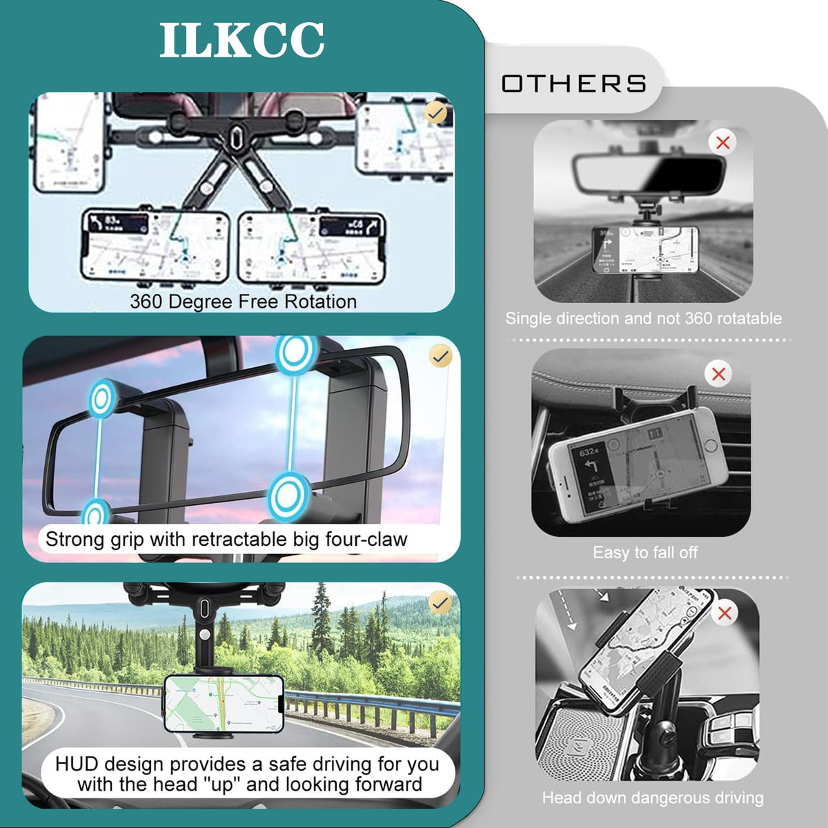 ILKCC Rearview Mirror Phone Holder for Car, 360° Rotating and Retractable Multifunctional Rear View Phone Mount, Upgraded Four Corners Fixed Anti-Shake Fit All Smartphones & Bigger Vehicle