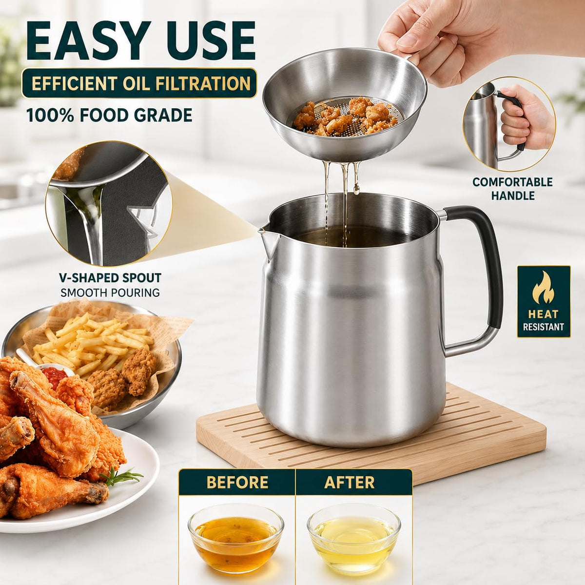 68oz 3-in-1 304 Stainless Steel Oil Filter Pot with Fine Mesh Oil Strainer & Tong, Heat-Resistant Handle, 2LCapacity Bacon Grease Container for Kitchen & Camping,Multi-Functional Frying Oil Container.