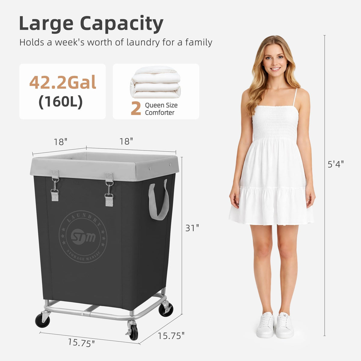 STORAGE MANIAC Commercial Laundry Hamper with Heavy Duty Steel Frame, 160 L Industrial Laundry Basket Cart with Wheels for Hotel, Home, Laundry Room, 17.72''L x 17.72''W x 30.91''H, Medium Black