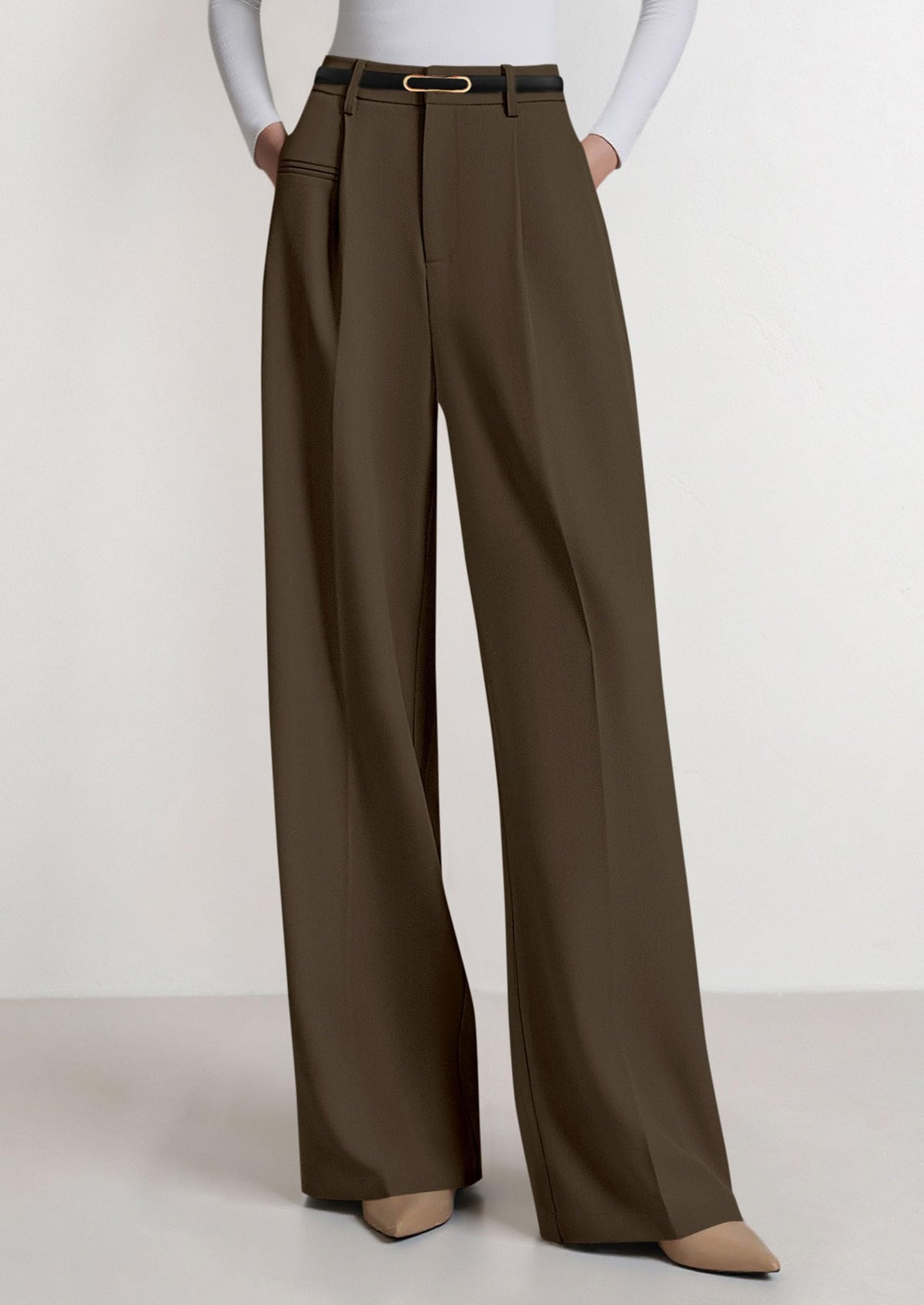 PRETTYGARDEN Women's Tailored Wide Leg Work Dress Pants,Coffee,M