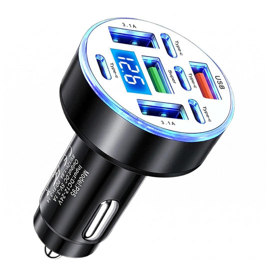 8 Port USB C Car Charger with Real-Time Voltage Display, Multi Port 12V/24V Cigarette Lighter USB C & USB A Charger Adapter, Fast Charging with Blue LED for iPhone, Samsung, iPad, Tablets