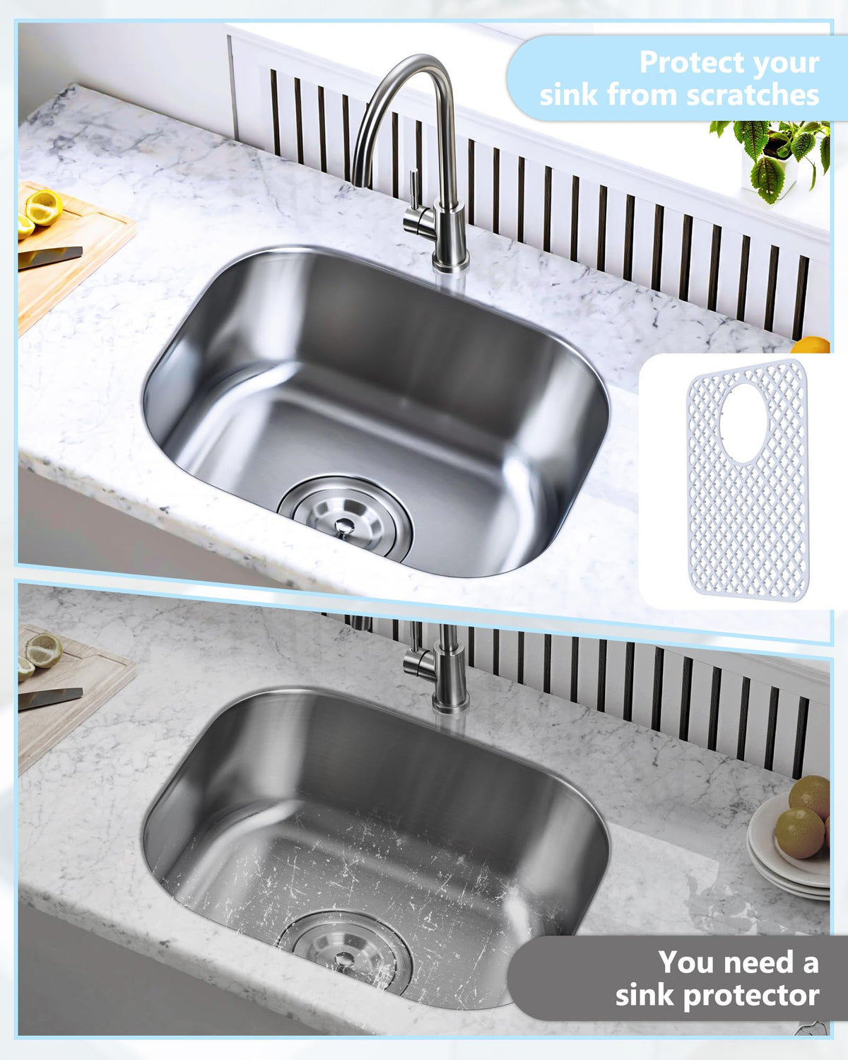 BEHOK 2 Pack Silicone Sink Protectors for Kitchen Sink, Trellis 13x11 White