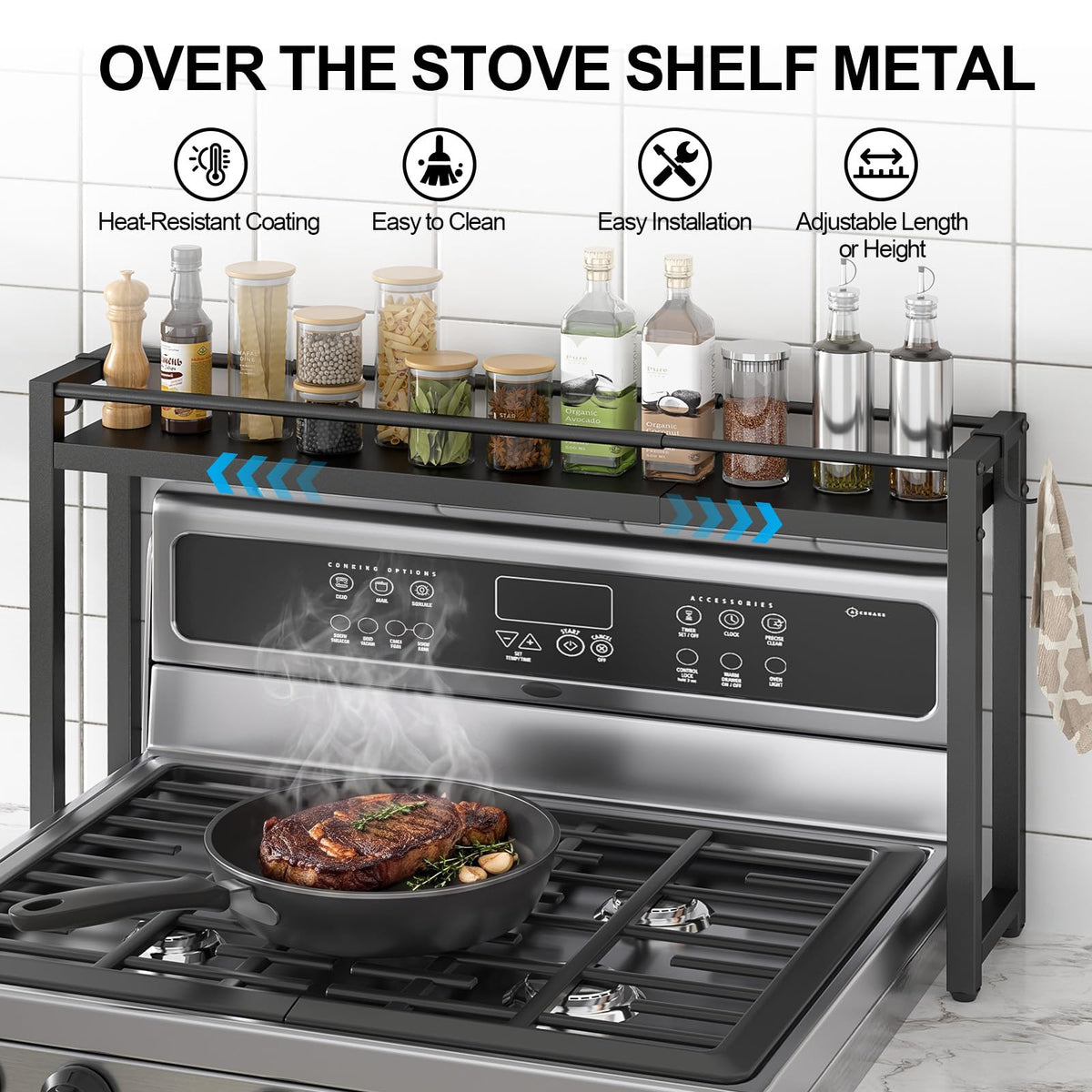 ThreeHio Expandable Spice Rack Shelf for Kitchen Stove, Over the Stove Shelf with 2 Hooks, Adjustable Height Metal Stove Top Shelf Organizer, Kitchen Countertop Seasoning Storage Organization, Black