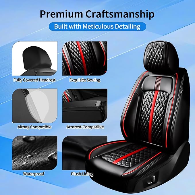 Fit Civic Car Seat Covers (Front Pair) for Select Honda Civic 2020-2026 Sedan (Not for Coupe), Full Coverage Leather, Waterproof All-Weather Breathable Seat Cushion Protector, Black & Red Trim