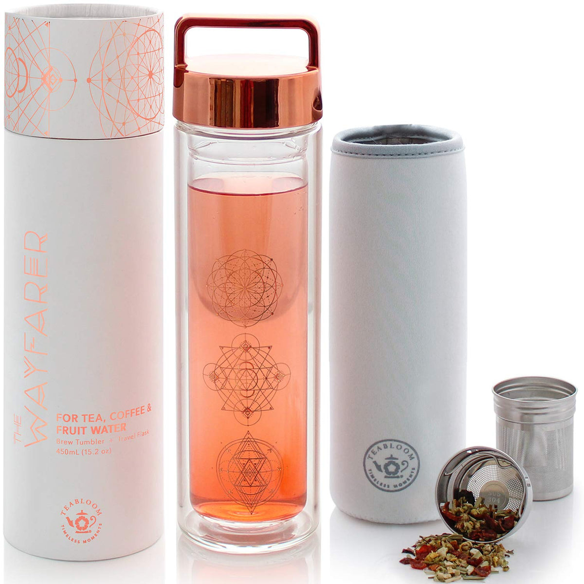 Teabloom All-Purpose Beverage Tumbler – 15 oz / 450 ml Insulated Glass Bottle – Tea, Coffee, Fruit Infused Water – All-Temperature Travel Mug – Stainless Steel Infuser Basket – The Wayfarer Tumbler
