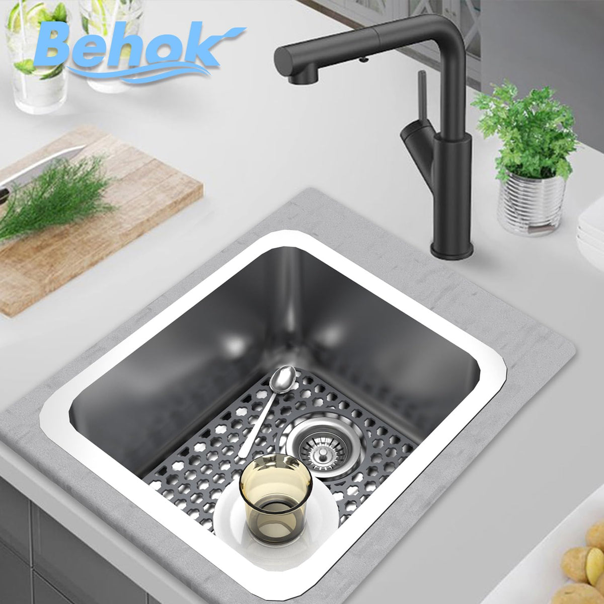 BEHOK 2 Pack Silicone Sink Protector Mat for Kitchen Sink Rear Drian Gray