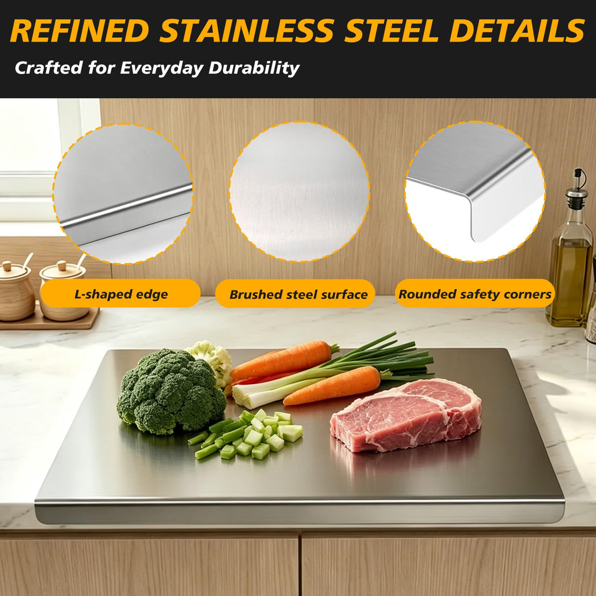 2Pcs L-Shaped Stainless Steel Cutting Board with Lip, 304 Metal Chopping Board Double-Sided Use, 15.7x11.8" & 11.8x11.8" Pastry Kneading Board for Meat Fruits Veggies Bread, Easy-Clean Dishwasher Safe