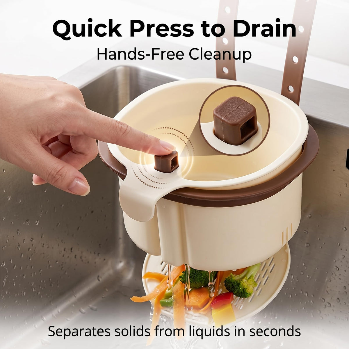 Hanging Sink Drain Basket, Press-to-Dump Kitchen Strainer (Brown)