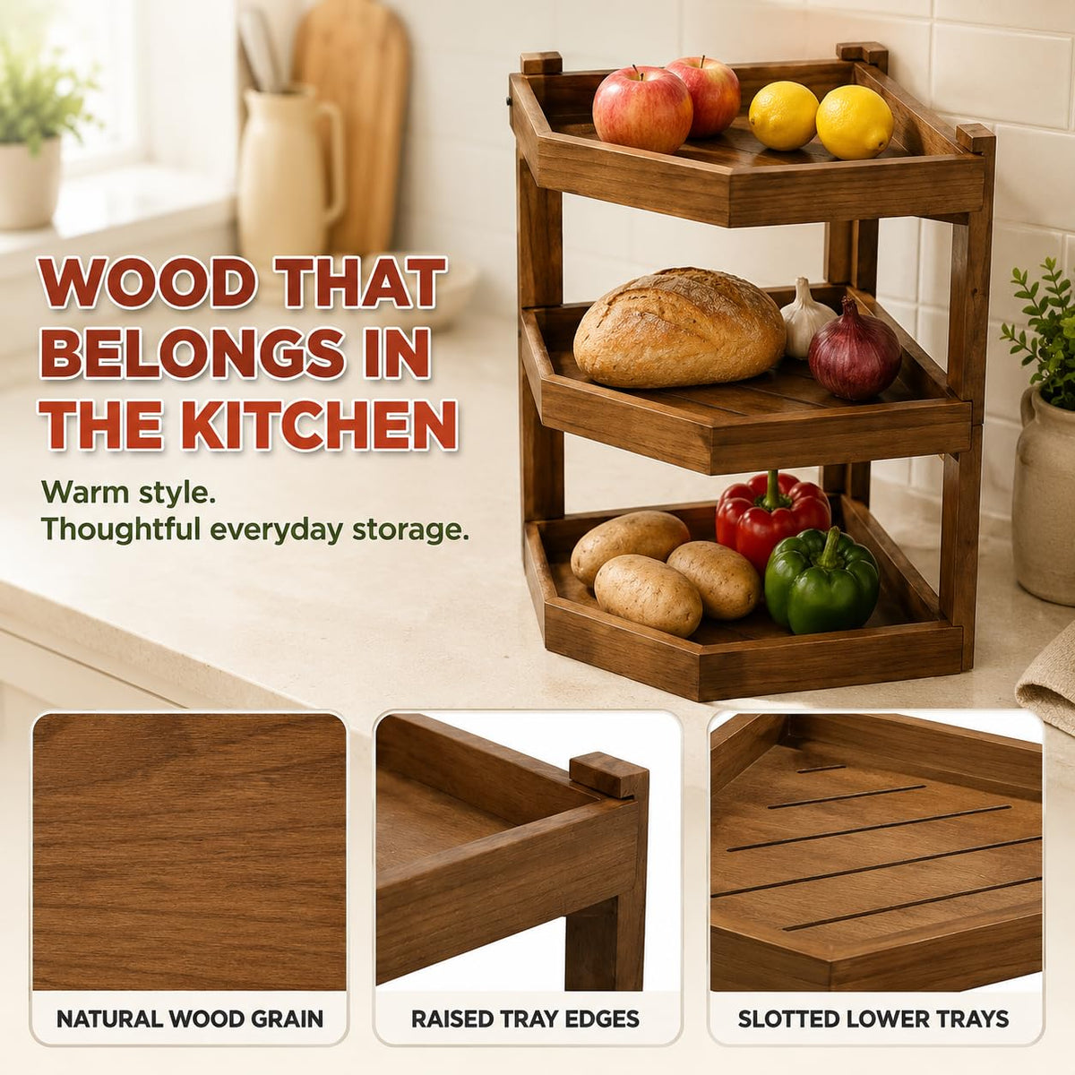 3-Tier Fruit Basket for Kitchen Counter, Corner Wood Stand, Removable Tray