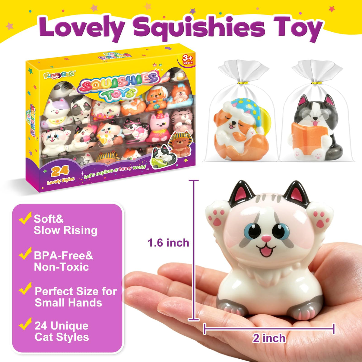 FUNNYB&G Cat Squishy Toys for Kids - 24 Pack Squishies Toy Party Favors