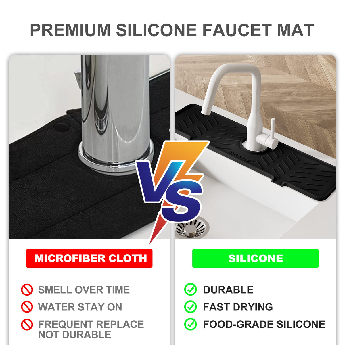 Meiliweser Silicone Faucet Mat for Kitchen Sink – Gen 2 Splash Guard with Upgraded Outlet & Slope – 18” x 5.1” Water Catcher & Sink Sponge Holder for Kitchen and Bathroom (Black)